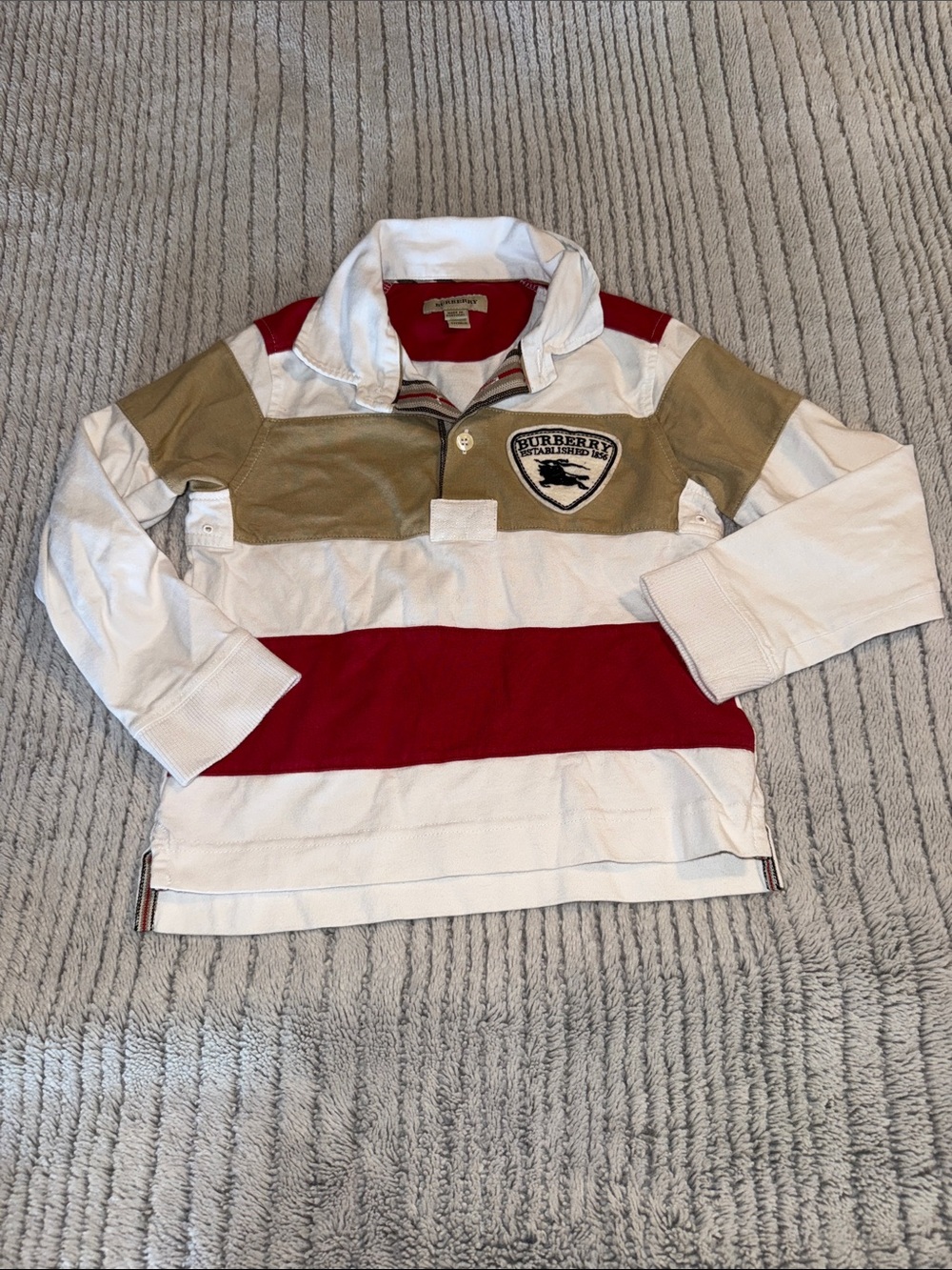 Burberry Kids Red White Tan Striped Rugby Shirt with Crest